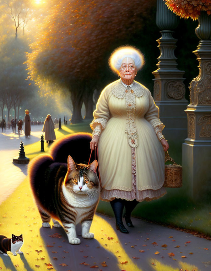 Elderly lady with glasses walking massive cat in surreal autumn park