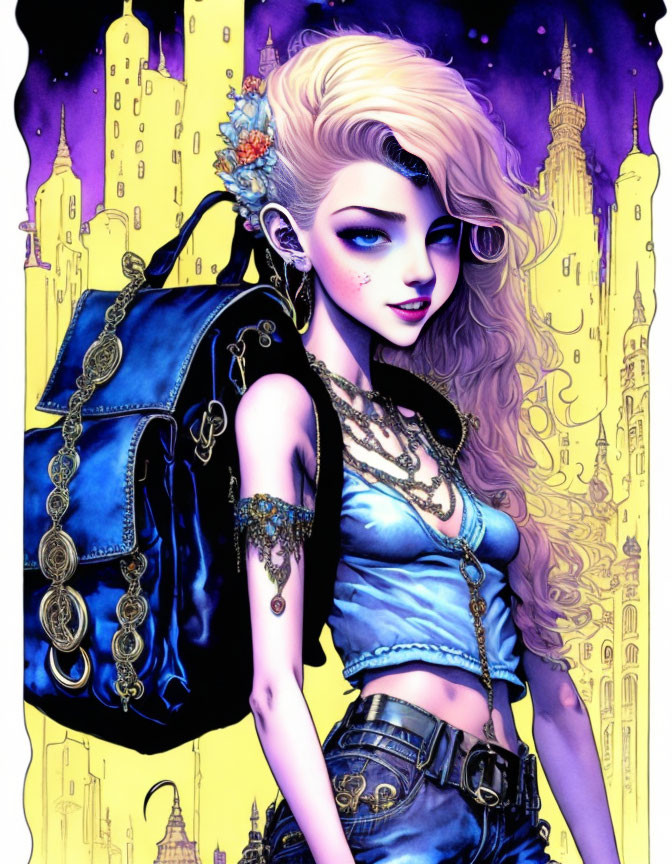 Stylized woman with voluminous hair in blue top and jeans, adorned with jewelry, carrying backpack