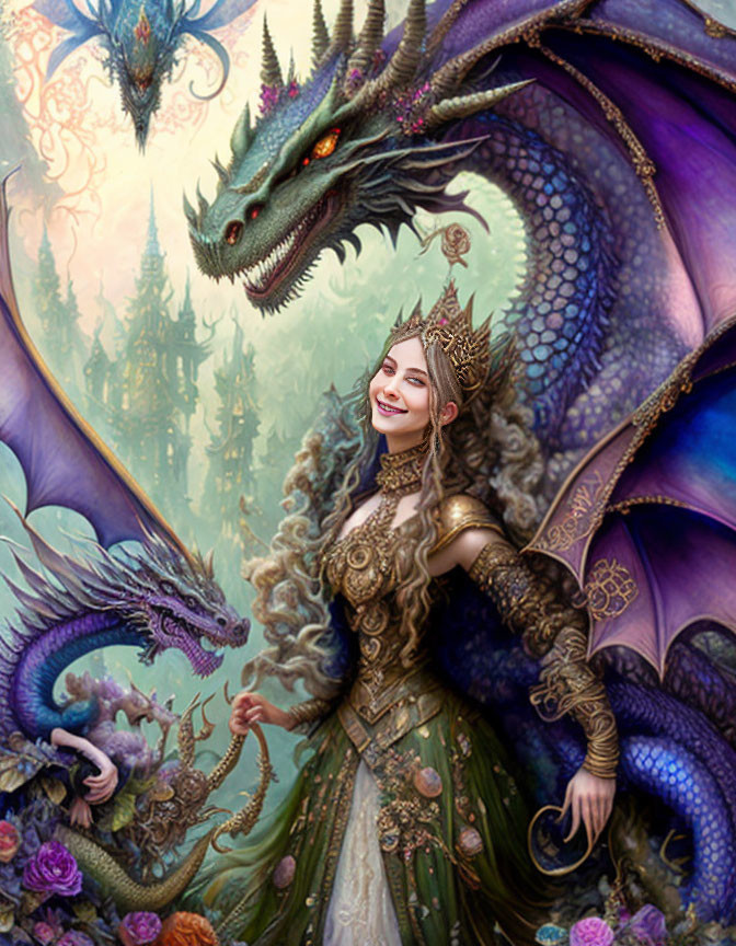 Regal woman with crown and dragons in mystical forest