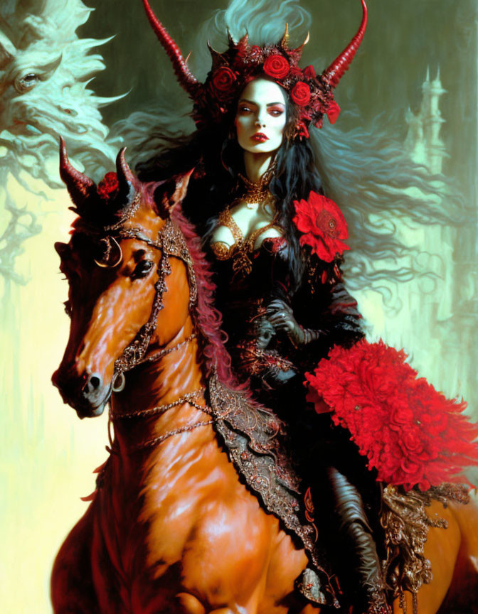 Dark-haired woman in red horned headdress rides horse near misty castle