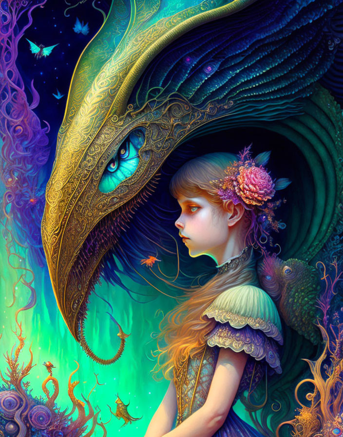 Fantastical illustration: Young girl with floral headdress and majestic dragon in colorful setting