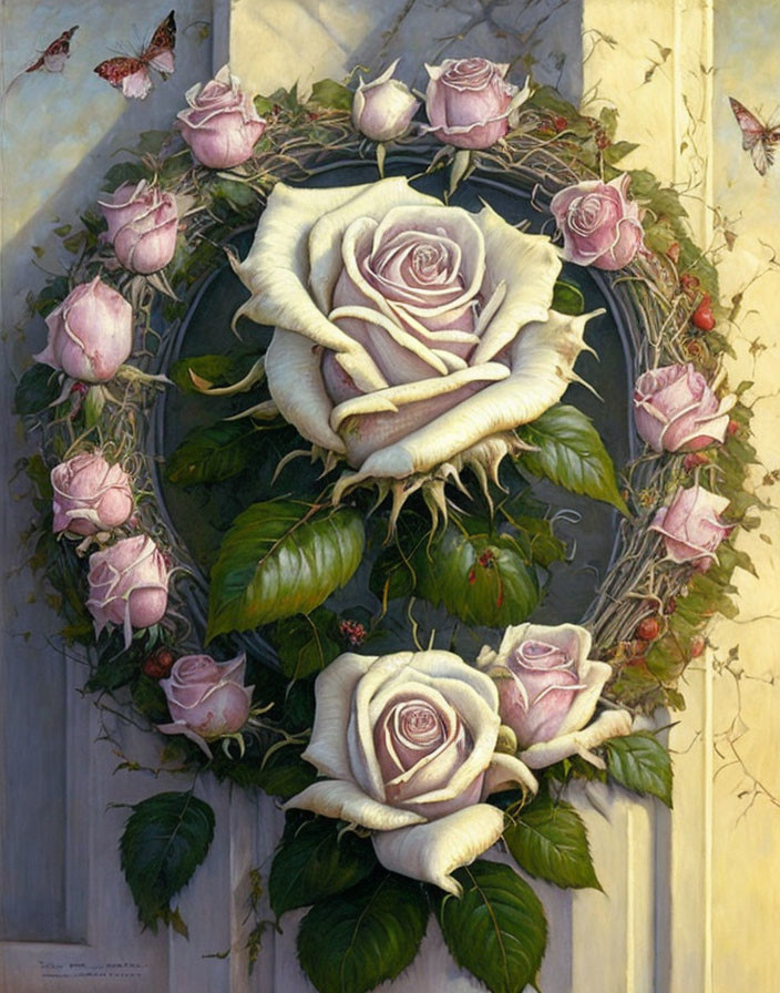 Heart-shaped wreath of pale pink roses with fluttering butterflies on textured background