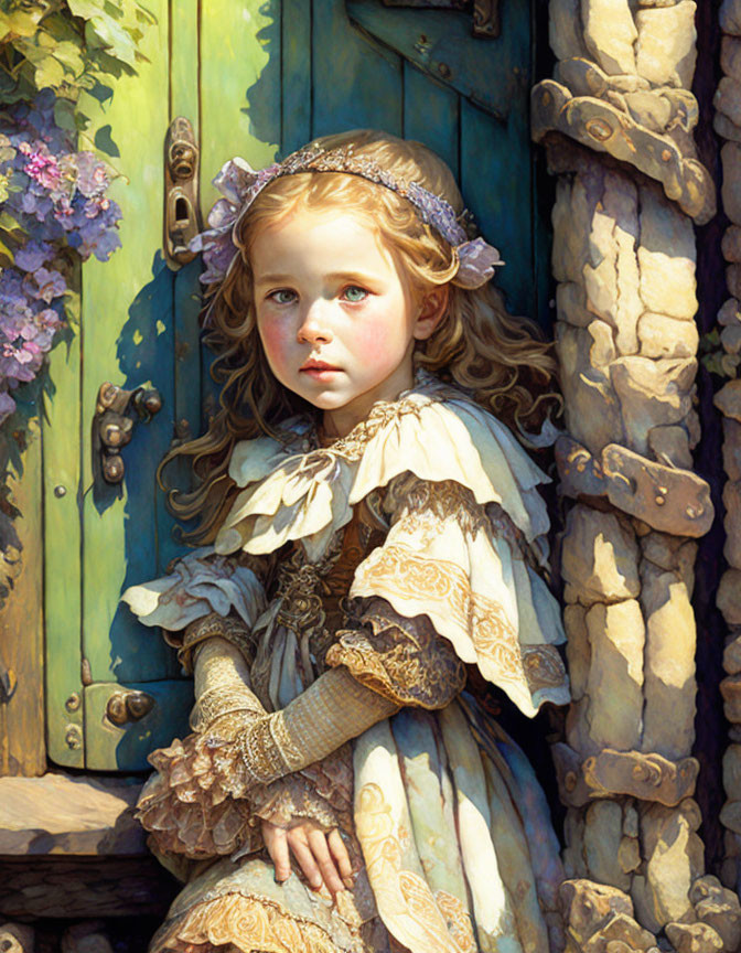 Young girl in vintage dress with lace by rustic door and flowers