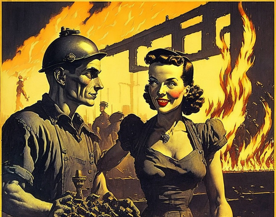 Vintage Style Illustration of Man and Woman in Steel Helmet Smiling in Industrial Setting