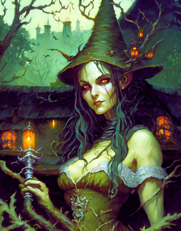 Green-skinned witch with red eyes and magical staff in front of spooky castle.