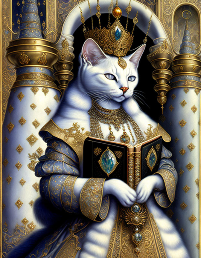 Regal Cat in Blue and Gold Robe with Crown and Book on Throne