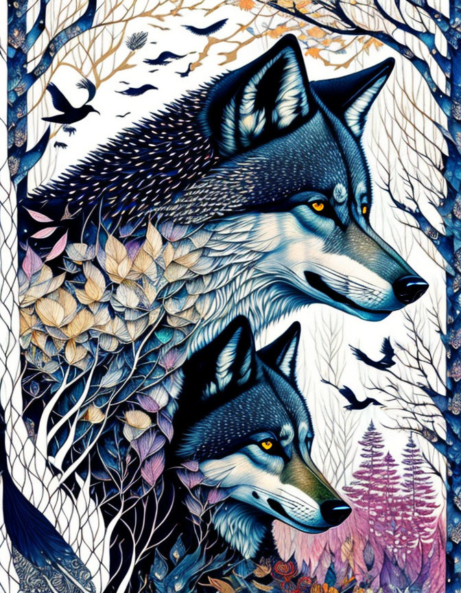 Colorful Stylized Wolves in Intricate Forest Scene