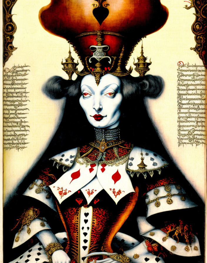 Queen of Hearts Artwork with Crown and Playing Card Motifs on Dress