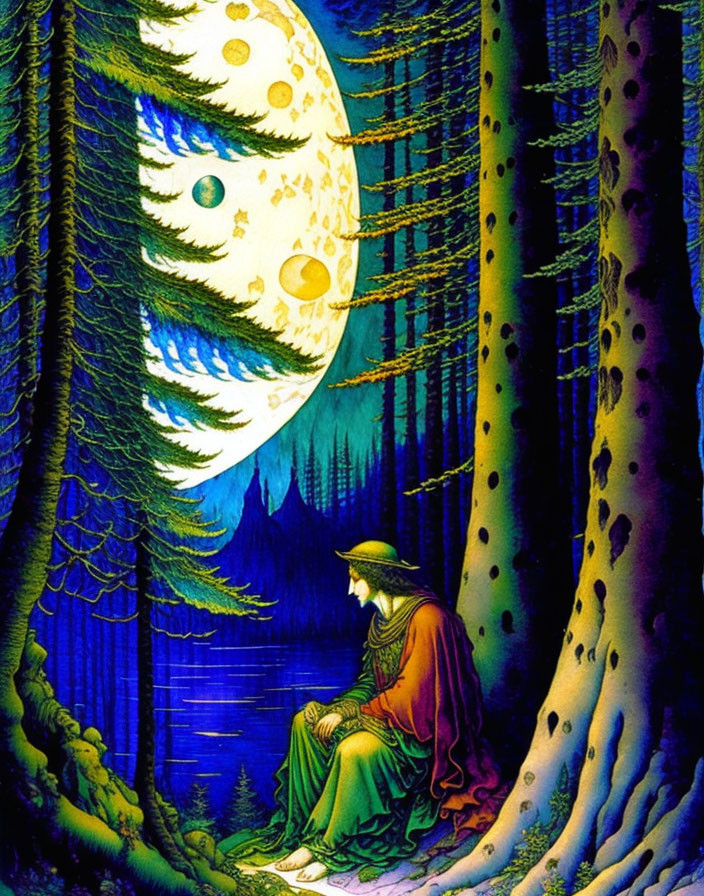 Person in red cloak surrounded by moon and planets in mystical blue forest