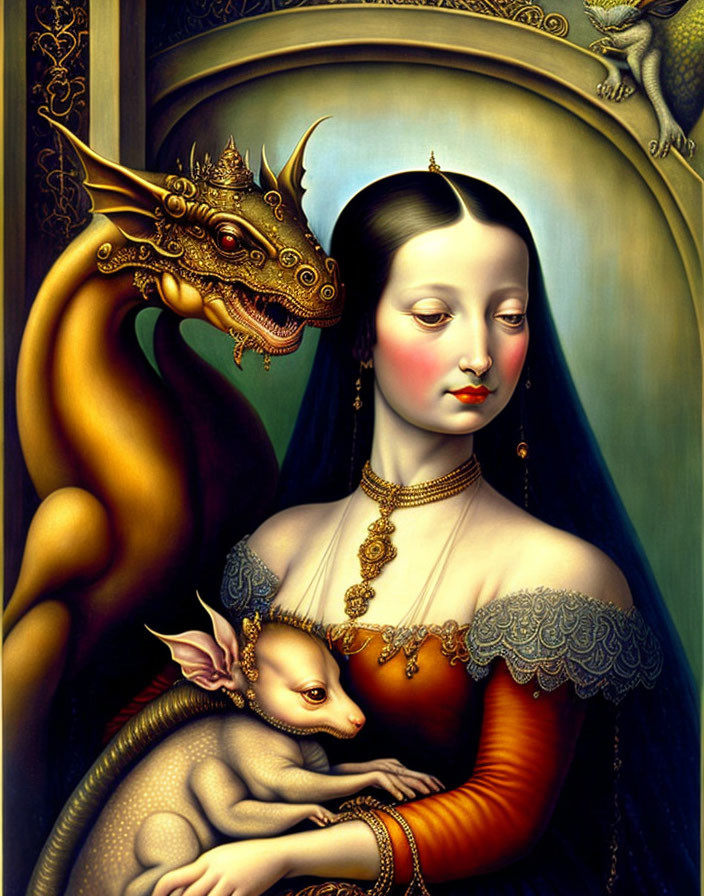 Surreal painting of woman with elf-like creature and golden dragon