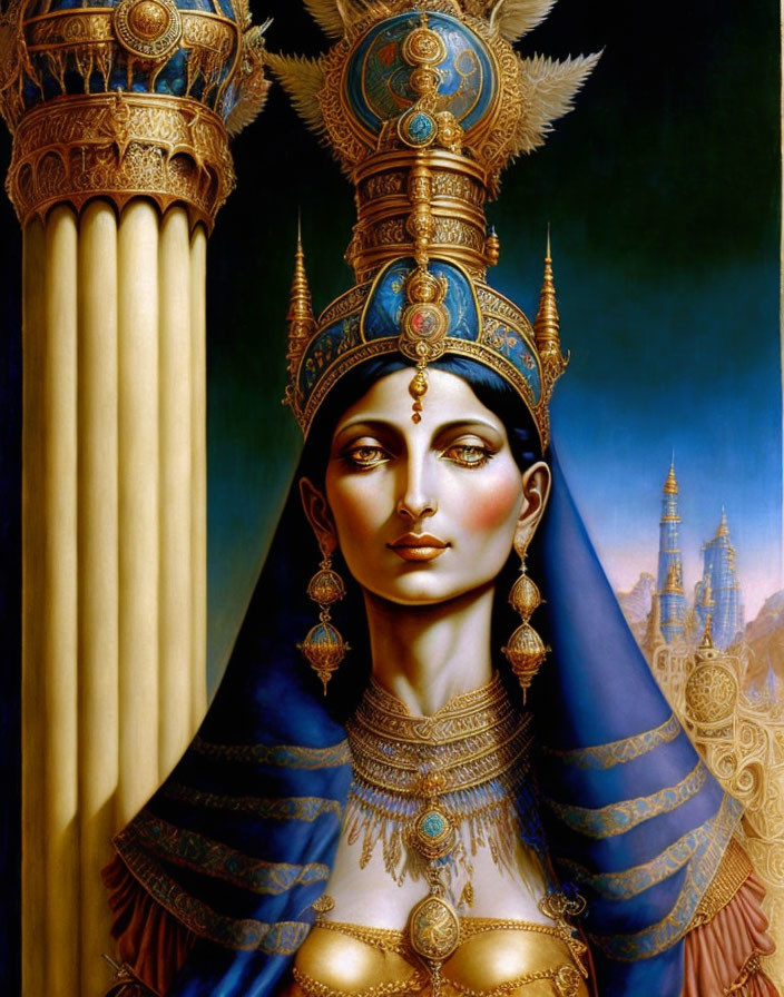 Regal woman in golden headdress and royal blue attire