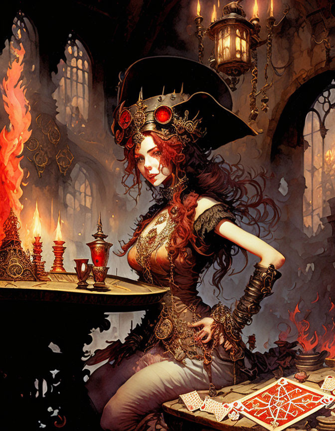 Woman in Pirate Hat Surrounded by Occult Symbols and Candles