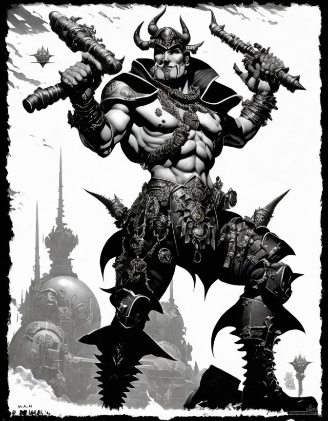 Monochromatic warrior in fantasy armor with spiked maces and horned helmet against futuristic cityscape.