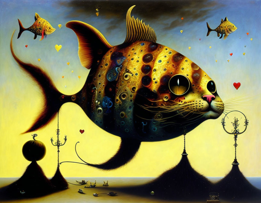 Surreal Painting: Spotted Fish with Cat-Like Features Above Pyramids