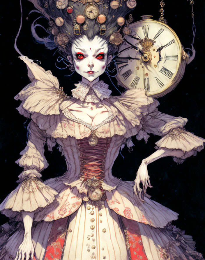 Regal undead female figure in Victorian dress with clock headdress on dark background