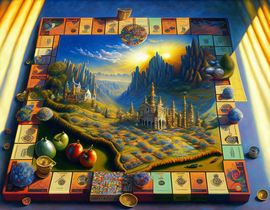 Fantasy landscape painting with board game layout and castle at sunrise/sunset