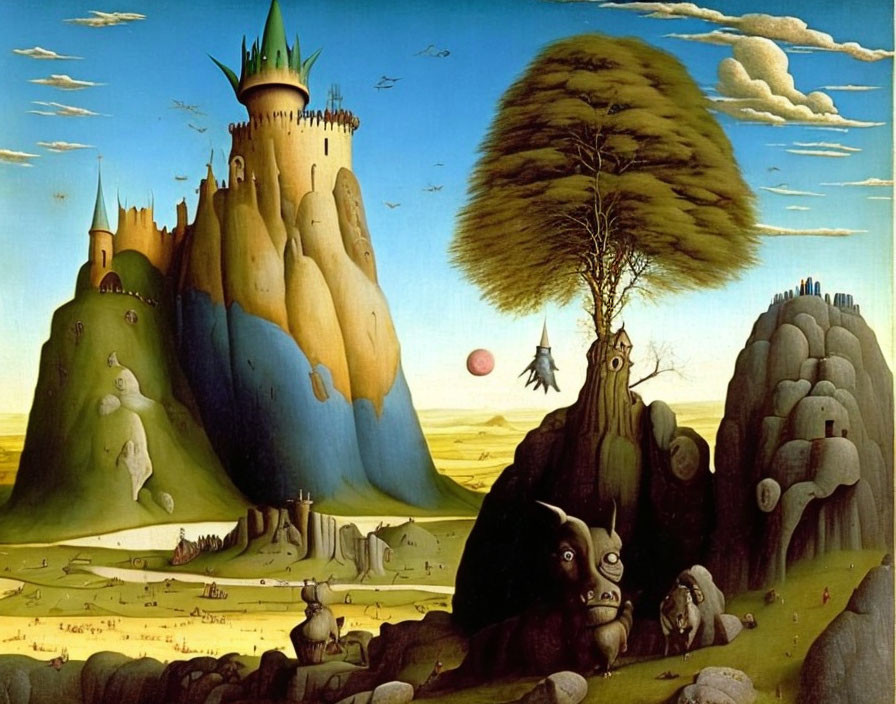 Surrealist painting: distorted castle, creatures, lone tree, vivid landscape, blue sky.