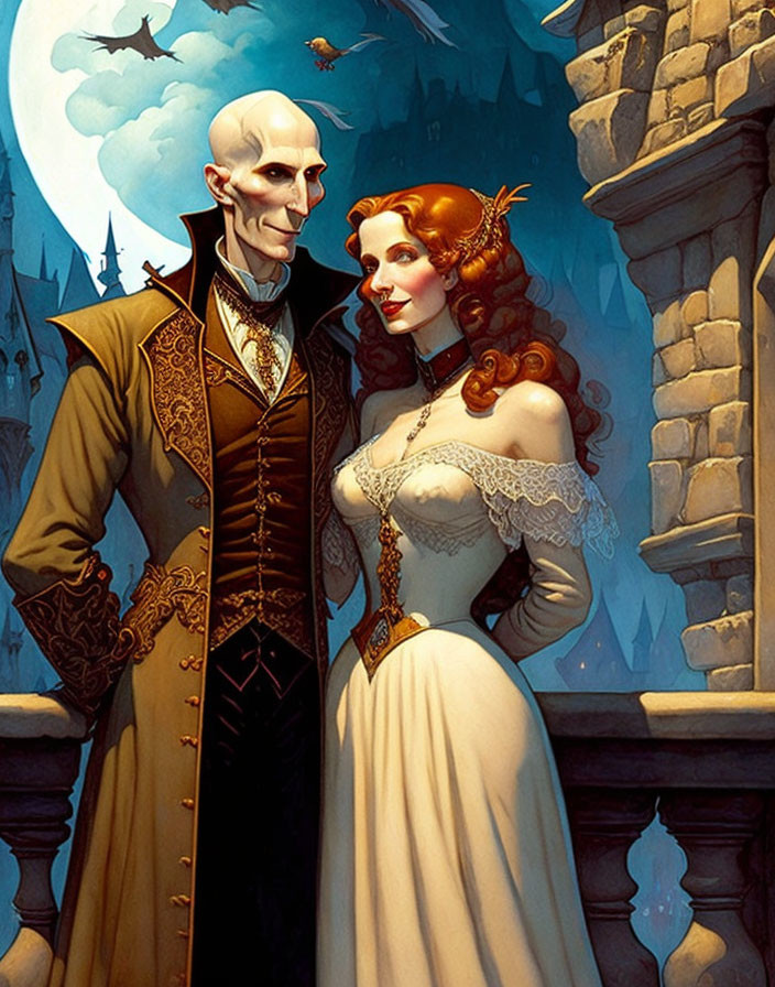 Illustrated vampire couple in gothic setting with male in suit and female with red hair in white dress