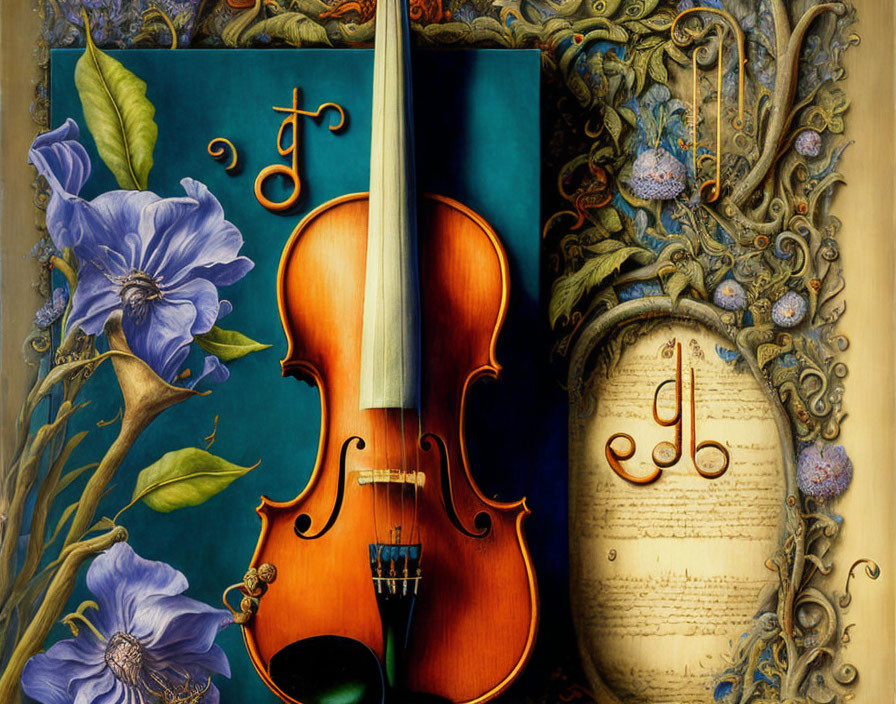 Colorful violin and music symbols with flora in artistic illustration