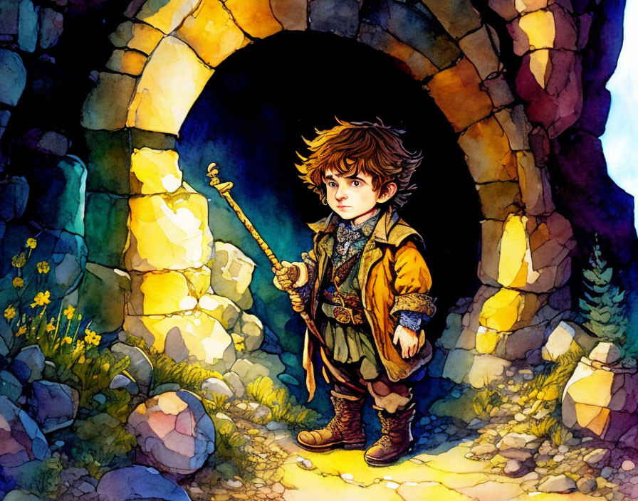 Adventurous character with staff in stone archway landscape