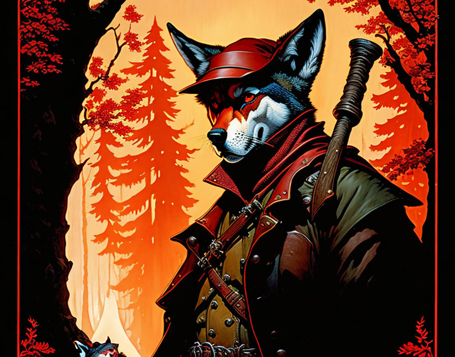 Fox in Red Jacket and Hat with Sword in Forest: Heroic Fantasy Theme