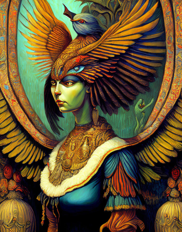 Colorful illustration of woman with bird-like features in ornate frame