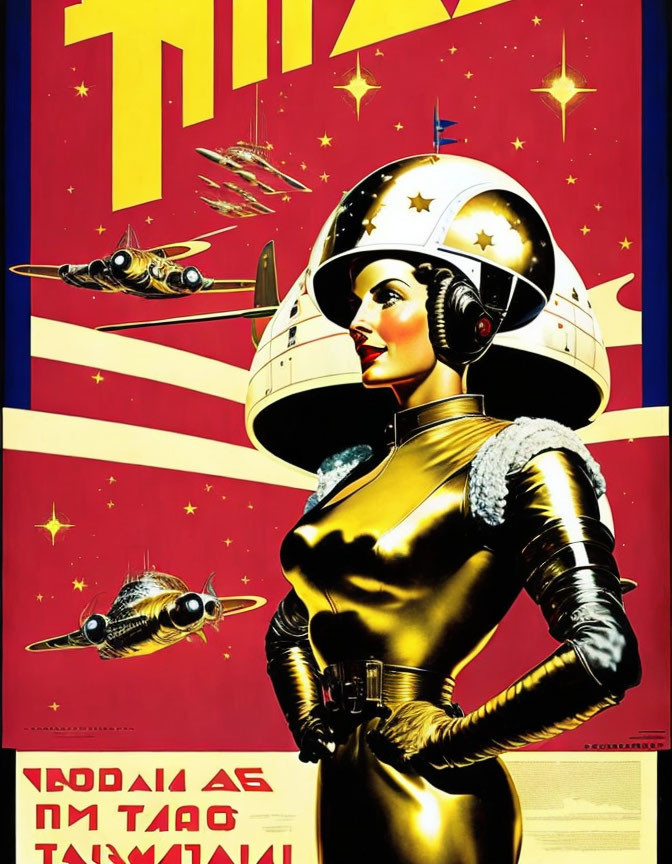 Vintage Sci-Fi Poster: Stylized Woman in Gold Space Suit with Futuristic Planes