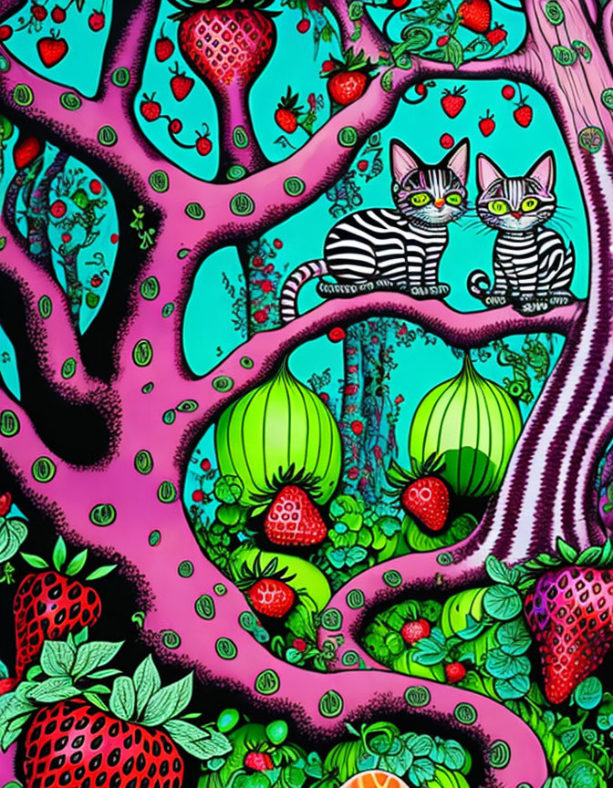 Two Striped Cats in Colorful Psychedelic Jungle with Strawberries, Hearts, & Plants