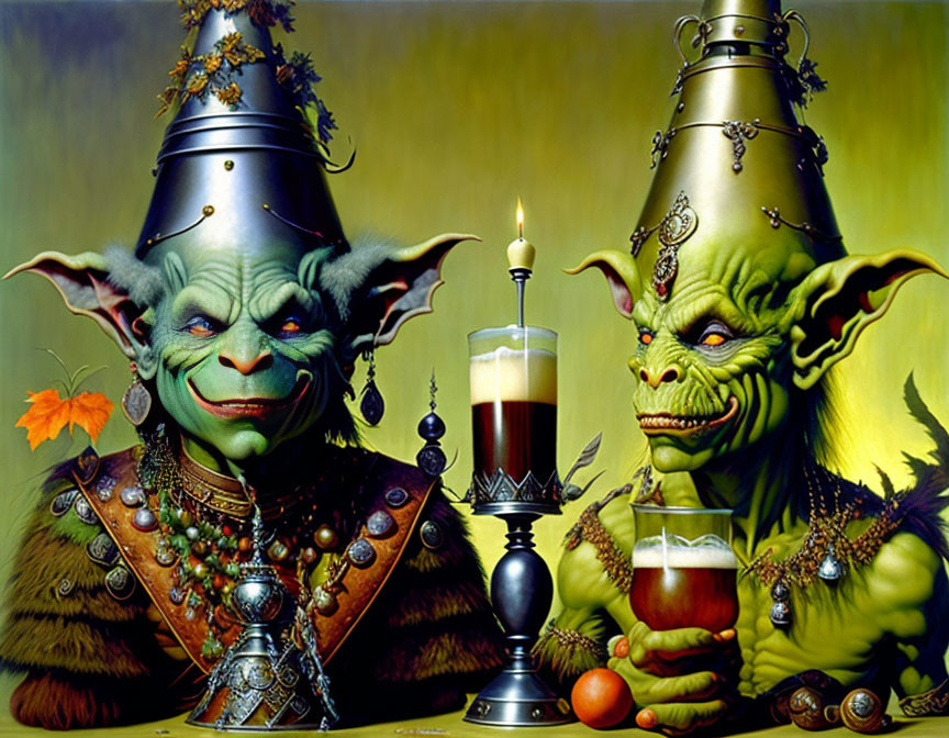 Fantastical goblin-like creatures in ornate attire with candle and drink on green background