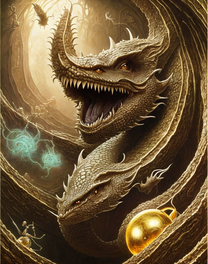 Majestic dragons spiraling around, guarding golden treasure.