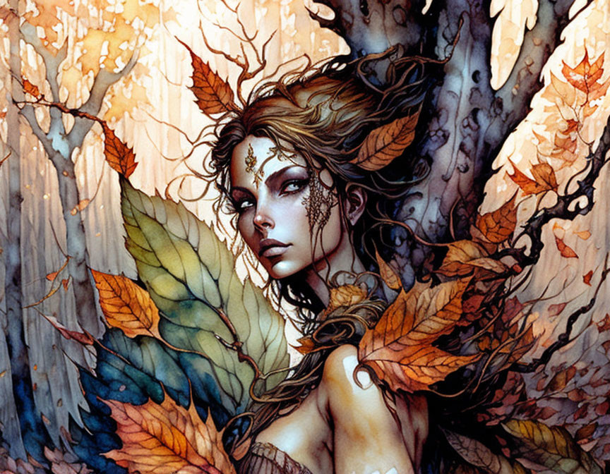 Illustrated female faerie with autumn leaf wings in woodland setting