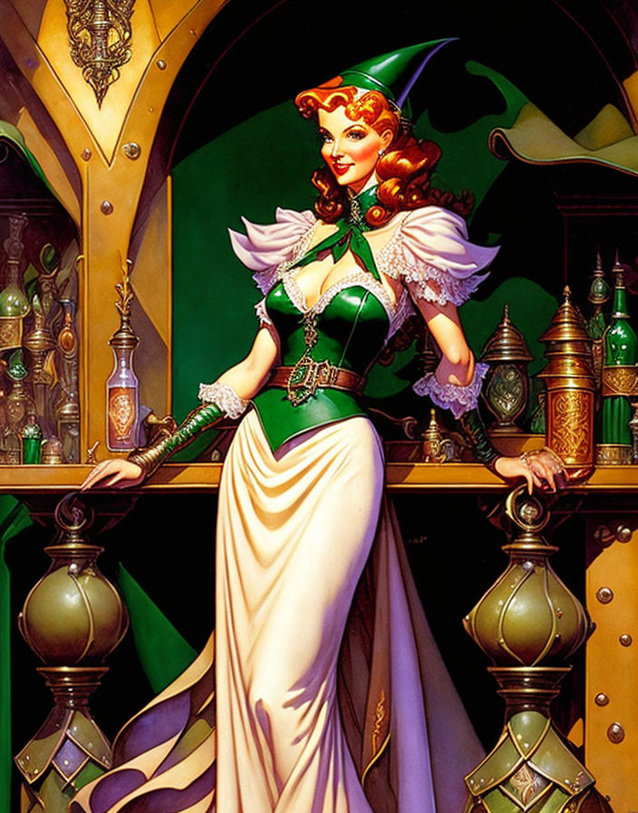 Fantasy-themed tavern scene with woman in green and white costume