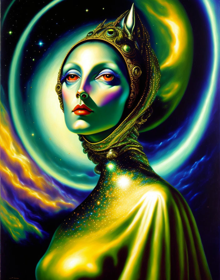 Stylized portrait of woman with elaborate headdress against cosmic background