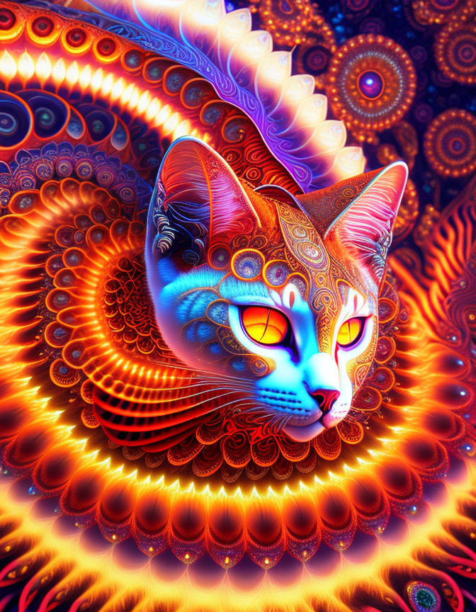 Colorful digital artwork: stylized cat with glowing eyes in psychedelic backdrop