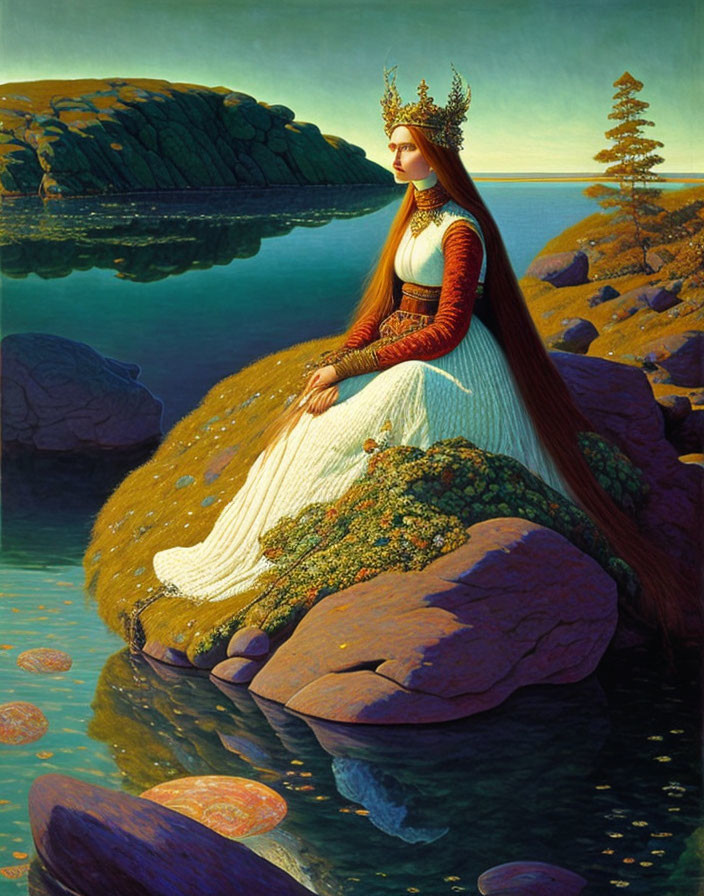 Regal woman with crown and gown by the sea