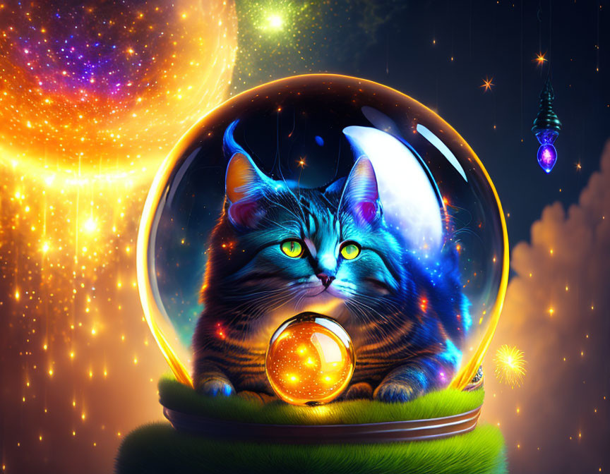 Colorful Cat in Crystal Ball with Glowing Orb and Cosmic Background