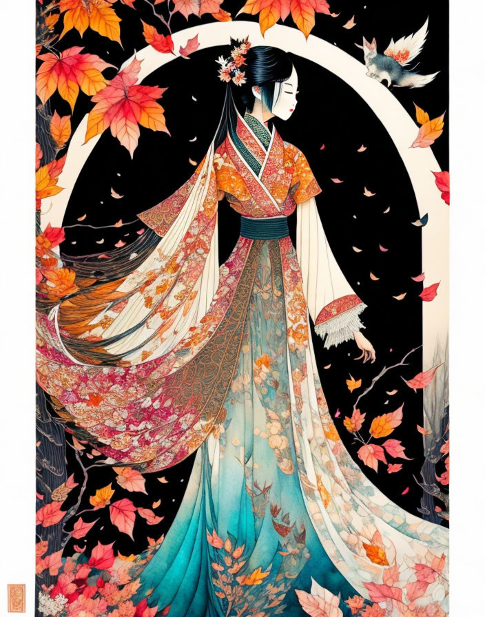 Woman in elegant kimono with autumn leaves and crescent moon in background