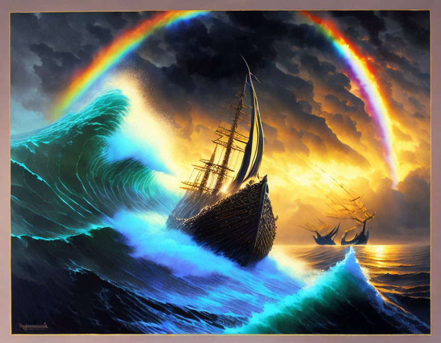 Ships sailing turbulent seas under double rainbow and golden sunset