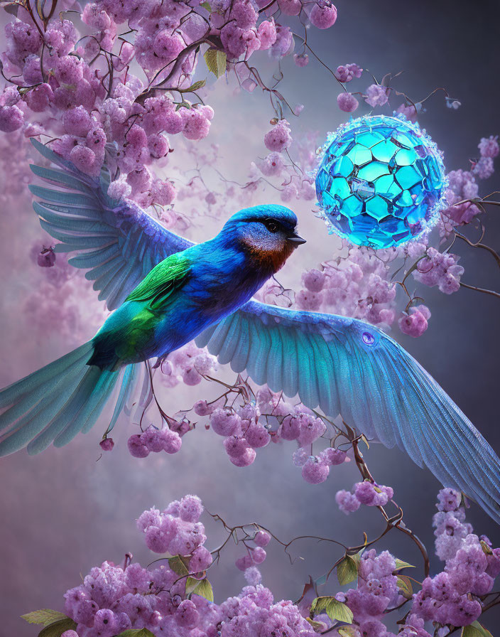 Colorful bird with blue and green plumage near cherry blossoms and a glowing blue sphere