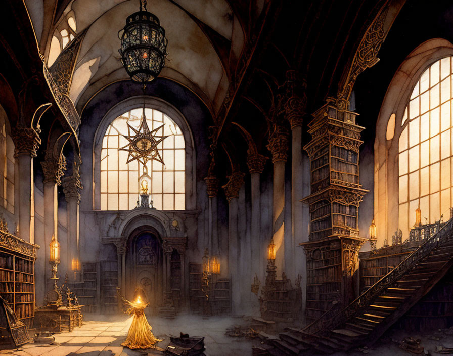 Luxurious candle-lit library with towering bookshelves and ornate window.