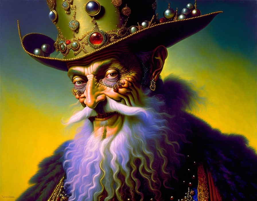 Vibrant portrait of elderly man with ornate hat and embellished costume