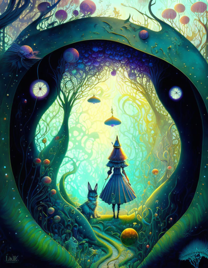 Fantastical forest illustration with fox, bioluminescent elements, and magical creature