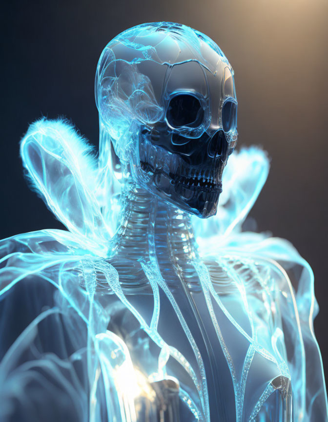 Transparent Humanoid Form with Visible Skeleton in Blue Glow