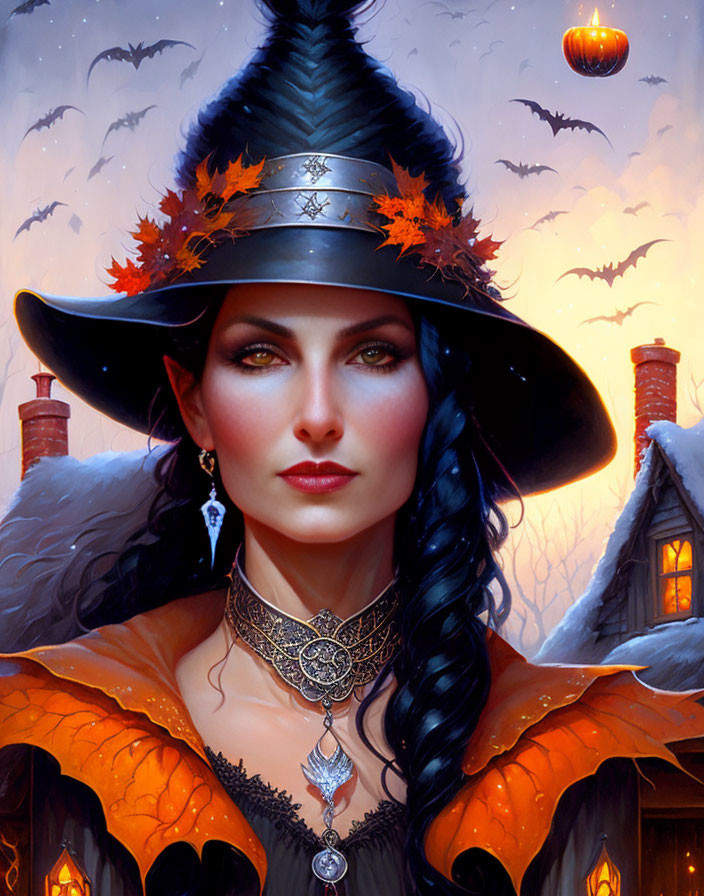 Illustrated woman in witch's hat with autumn leaves, surrounded by bats and lantern at twilight