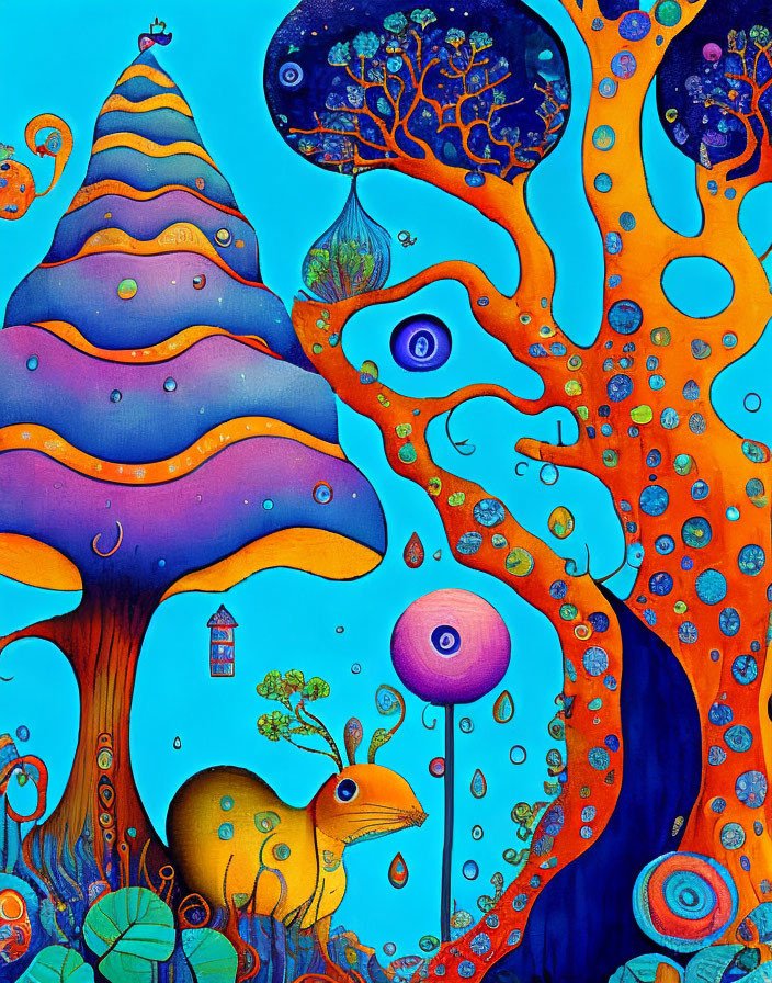 Colorful psychedelic illustration: whimsical trees, eye motifs, yellow rabbit creature.