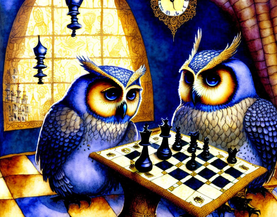 Stylized owls playing chess on golden geometric background