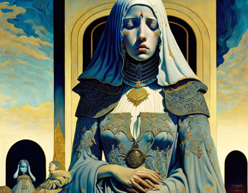 Surreal painting of blue-robed nun with gold detailing