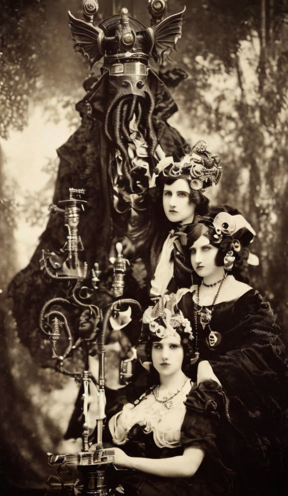 Sepia-Toned Vintage Photo of Three Women in Ornate Gothic Costumes