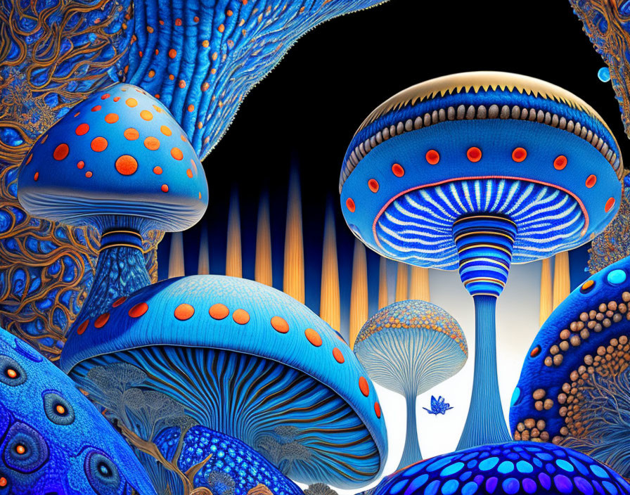 Stylized blue mushrooms with orange spots in neon-lit forest