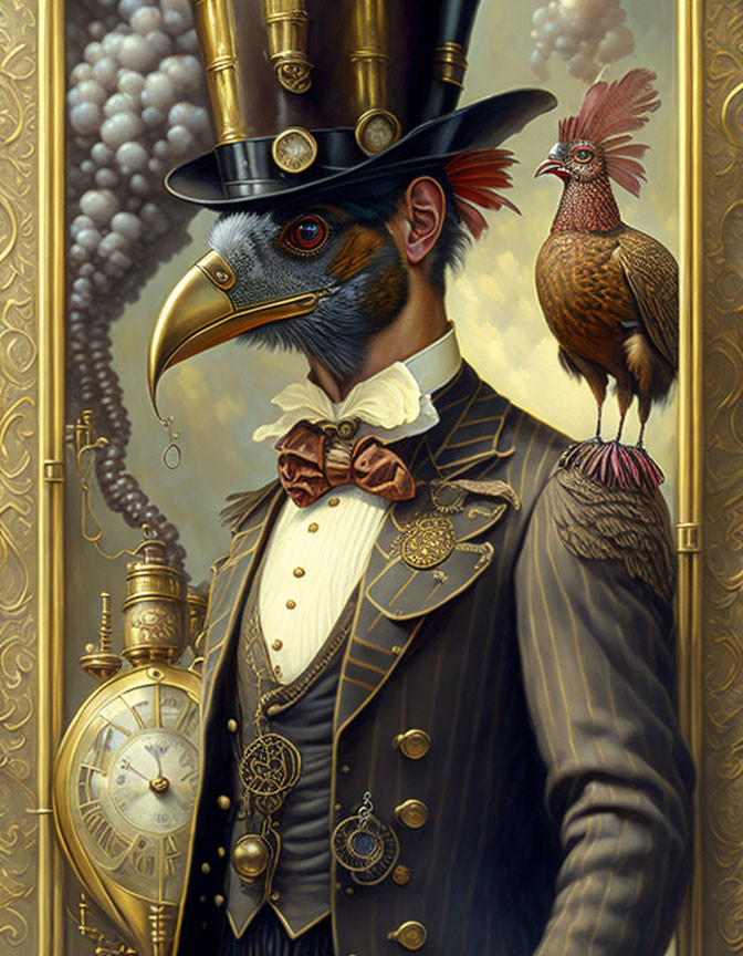 Victorian-themed anthropomorphic bird with top hat, monocle, and pocket watch.